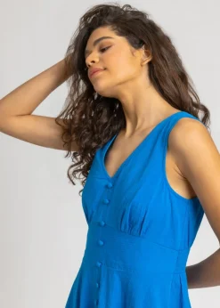 Roman Royal Blue Button Detail Cotton Midi Dress