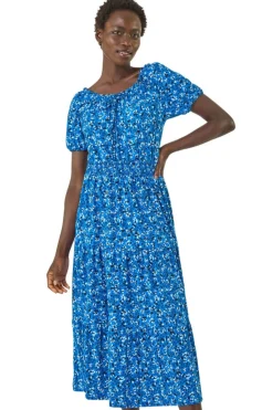 Roman Royal Blue Ditsy Print Frill Stretch Midi Dress