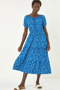 Roman Royal Blue Ditsy Print Frill Stretch Midi Dress