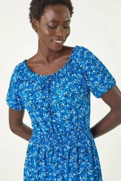 Roman Royal Blue Ditsy Print Frill Stretch Midi Dress