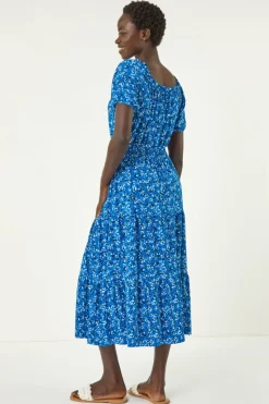 Roman Royal Blue Ditsy Print Frill Stretch Midi Dress