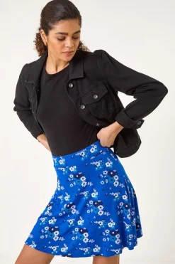 Roman Royal Blue Floral Print Stretch Skater Skirt