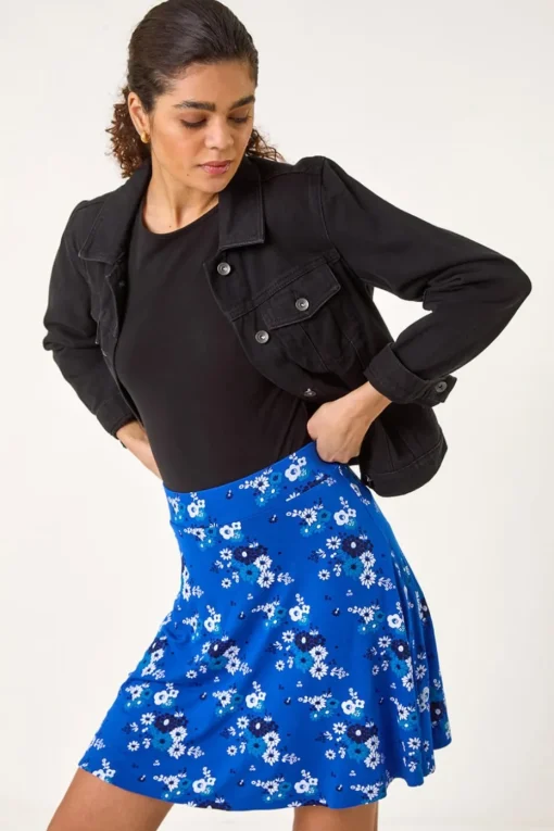 Roman Royal Blue Floral Print Stretch Skater Skirt