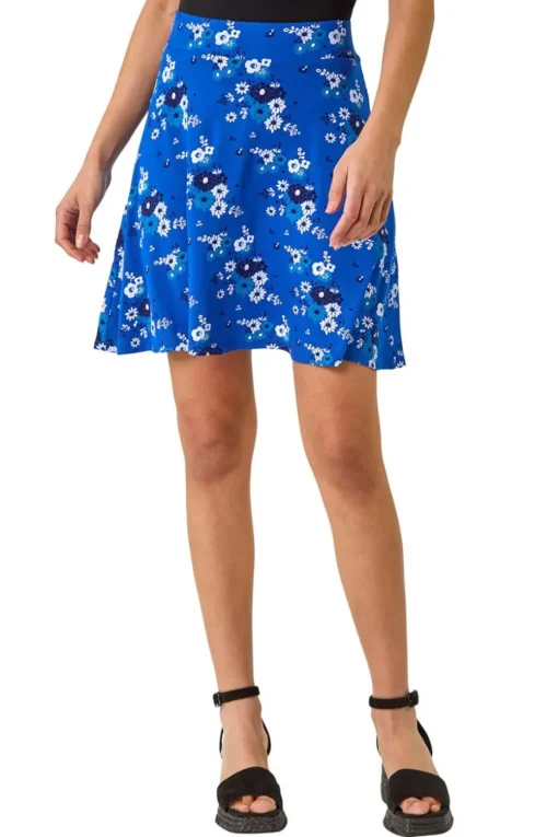 Roman Royal Blue Floral Print Stretch Skater Skirt