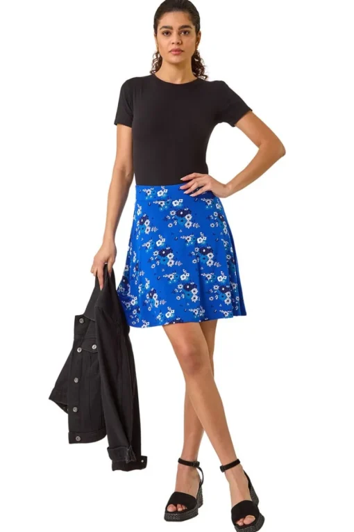 Roman Royal Blue Floral Print Stretch Skater Skirt