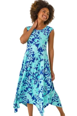 Roman Royal Blue Floral Puff Print Stretch Maxi Dress