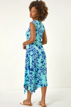 Roman Royal Blue Floral Puff Print Stretch Maxi Dress