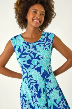 Roman Royal Blue Floral Puff Print Stretch Maxi Dress