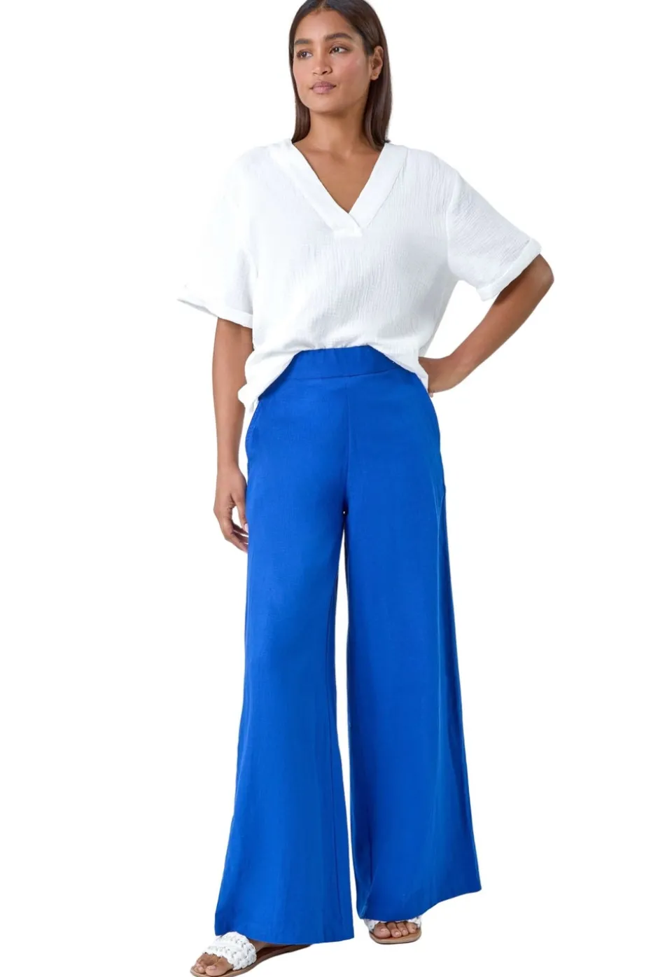 Roman Royal Blue Linen Blend Elastic Waist Wide Leg Trousers