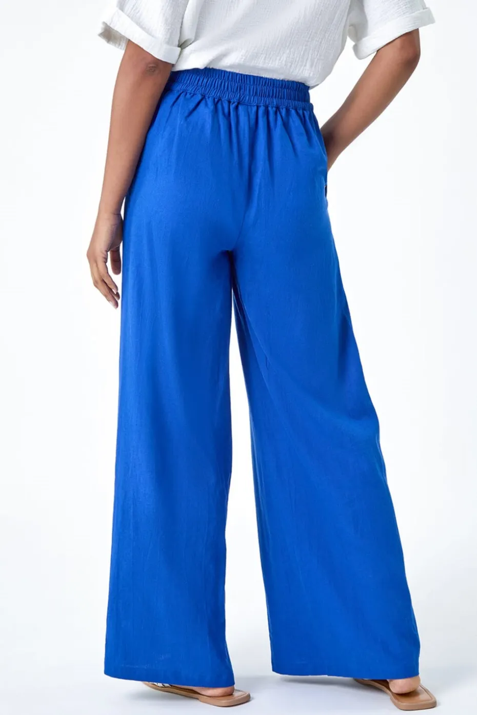 Roman Royal Blue Linen Blend Elastic Waist Wide Leg Trousers