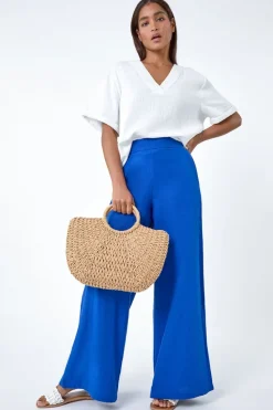 Roman Royal Blue Linen Blend Elastic Waist Wide Leg Trousers