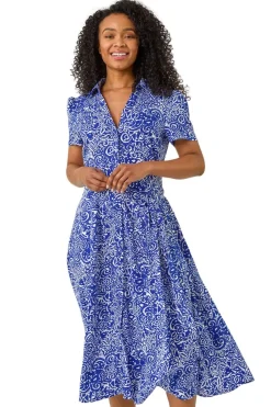 Roman Royal Blue Petite Abstract Print Button Shirt Dress