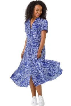 Roman Royal Blue Petite Abstract Print Button Shirt Dress
