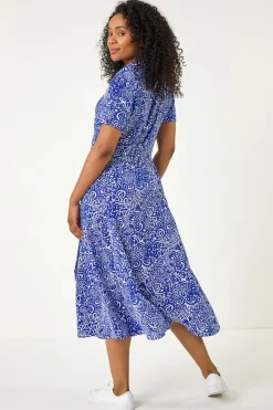 Roman Royal Blue Petite Abstract Print Button Shirt Dress