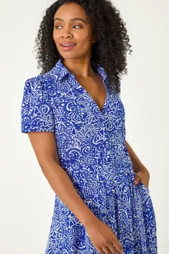 Roman Royal Blue Petite Abstract Print Button Shirt Dress