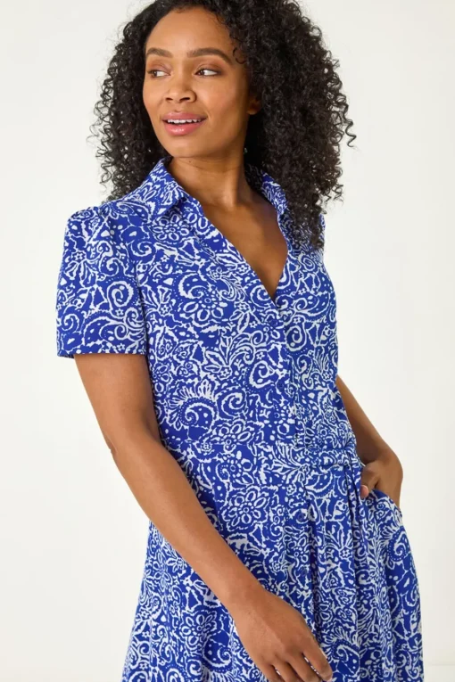 Roman Royal Blue Petite Abstract Print Button Shirt Dress