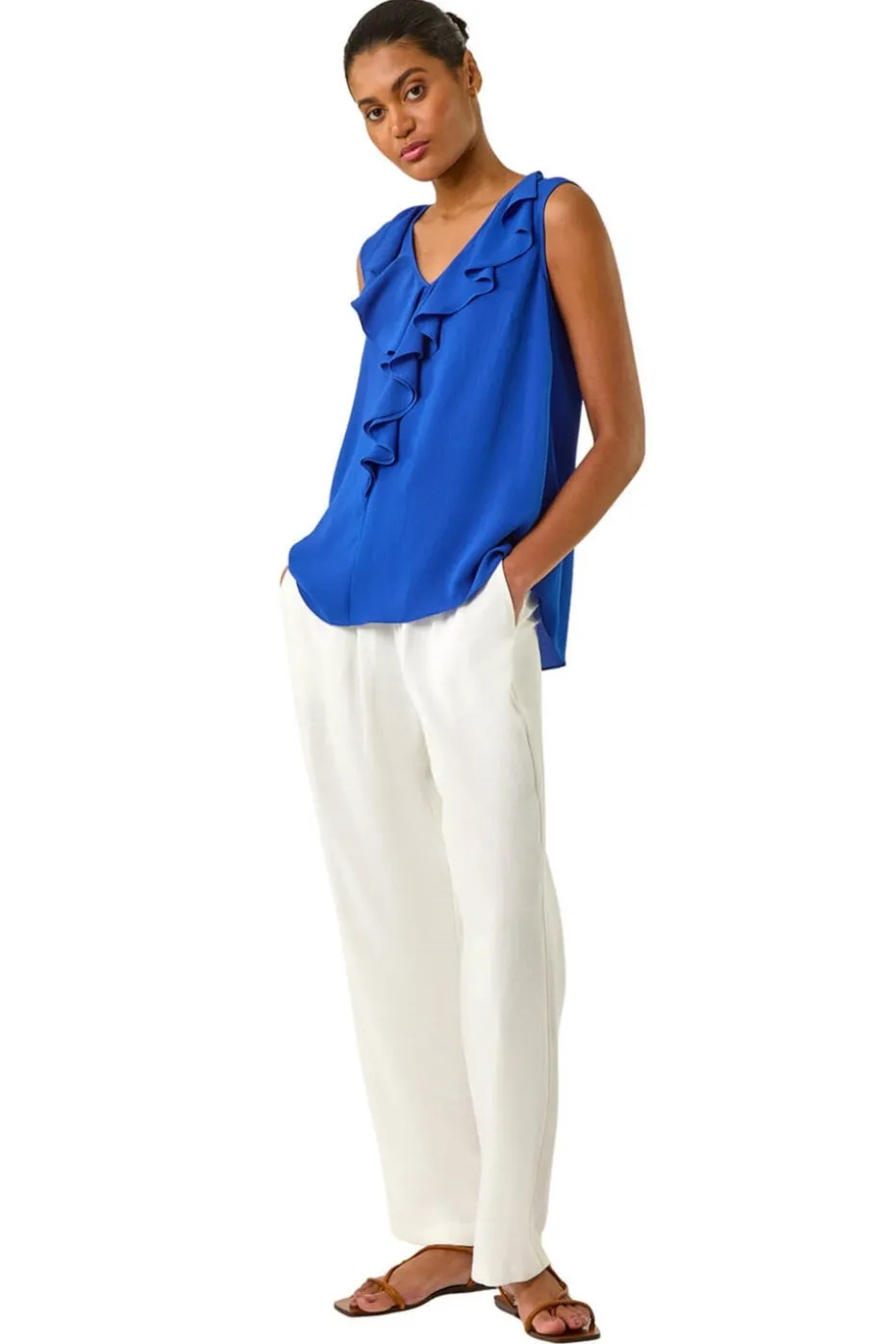 Roman Royal Blue Ruffle V Neck Vest Top