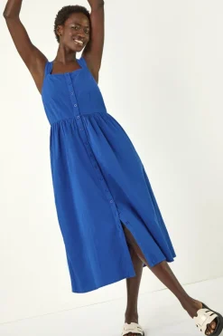 Roman Royal Blue Seersucker Button Midi Sundress
