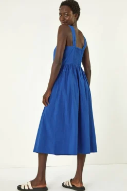 Roman Royal Blue Seersucker Button Midi Sundress