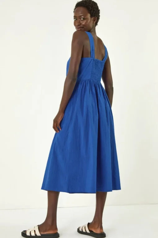 Roman Royal Blue Seersucker Button Midi Sundress