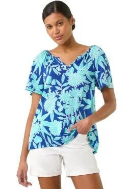 Roman Royal Blue Textured Print Notch Neck Top
