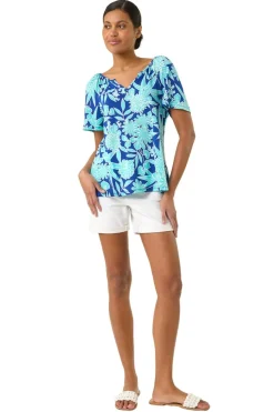 Roman Royal Blue Textured Print Notch Neck Top