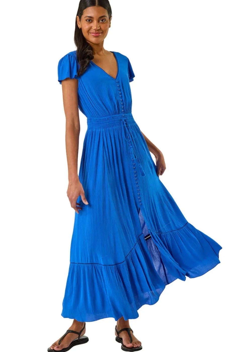 Roman Royal Blue Tiered Buttoned Maxi Dress