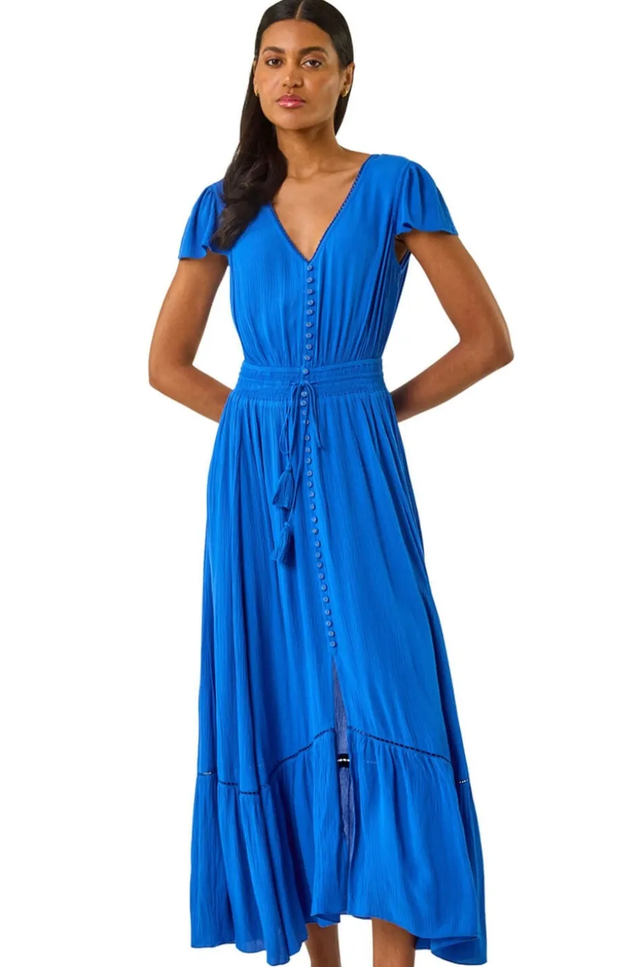 Roman Royal Blue Tiered Buttoned Maxi Dress