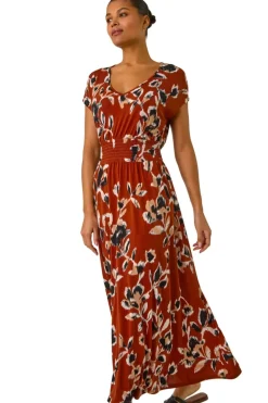 Roman Rust Abstract Stretch Ruched Waist Maxi Dress