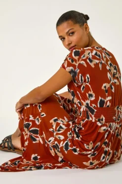 Roman Rust Abstract Stretch Ruched Waist Maxi Dress