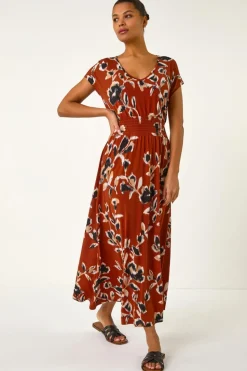 Roman Rust Abstract Stretch Ruched Waist Maxi Dress