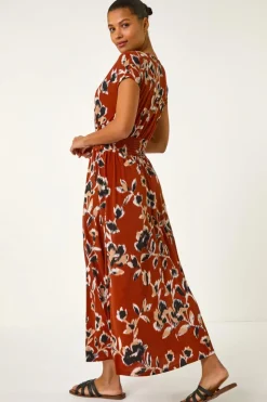 Roman Rust Abstract Stretch Ruched Waist Maxi Dress