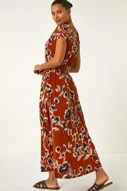 Roman Rust Abstract Stretch Ruched Waist Maxi Dress