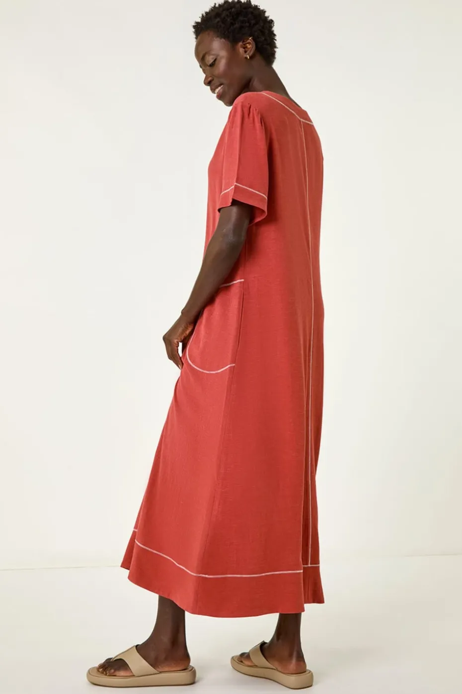 Roman Rust Contrast Stitch Woven Dress