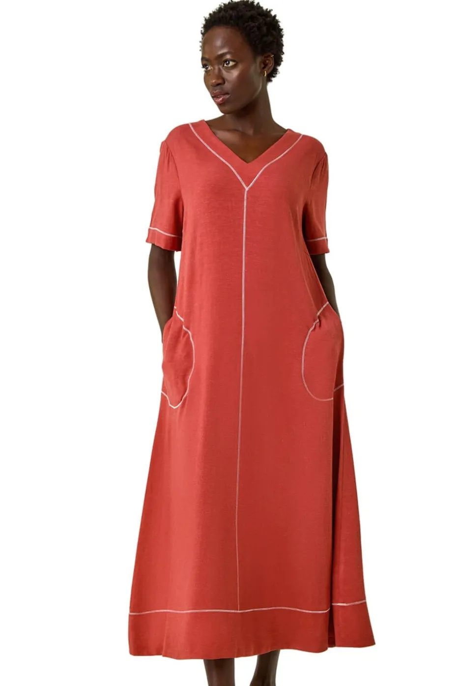 Roman Rust Contrast Stitch Woven Dress