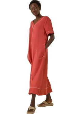 Roman Rust Contrast Stitch Woven Dress