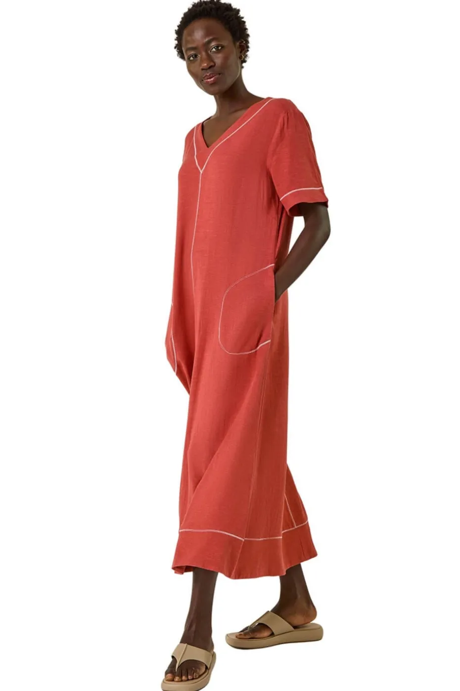 Roman Rust Contrast Stitch Woven Dress