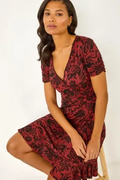 Roman Rust Floral Print Wrap Frill Stretch Dress