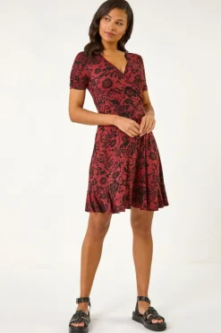 Roman Rust Floral Print Wrap Frill Stretch Dress