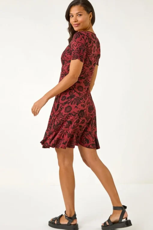 Roman Rust Floral Print Wrap Frill Stretch Dress