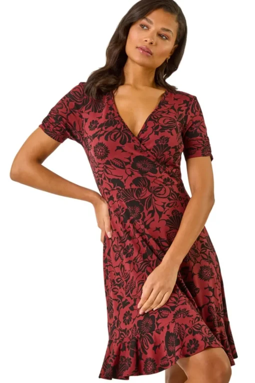 Roman Rust Floral Print Wrap Frill Stretch Dress