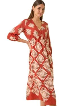 Roman Rust Geo Print V-Neck Midi Dress