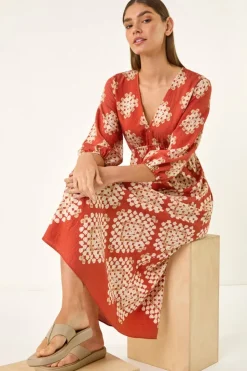 Roman Rust Geo Print V-Neck Midi Dress