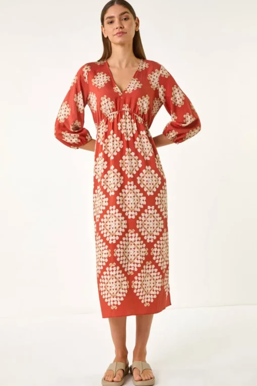 Roman Rust Geo Print V-Neck Midi Dress