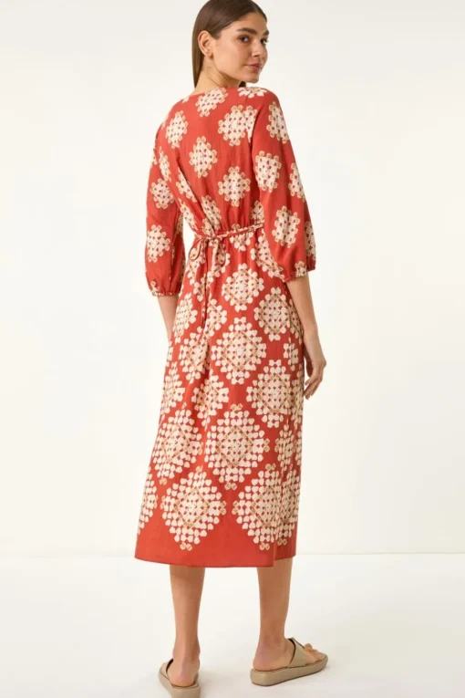 Roman Rust Geo Print V-Neck Midi Dress