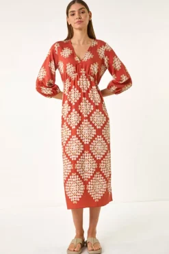 Roman Rust Geo Print V-Neck Midi Dress