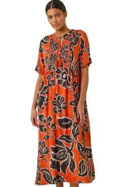 Roman Rust Leaf Print Tie Front Midi Dress