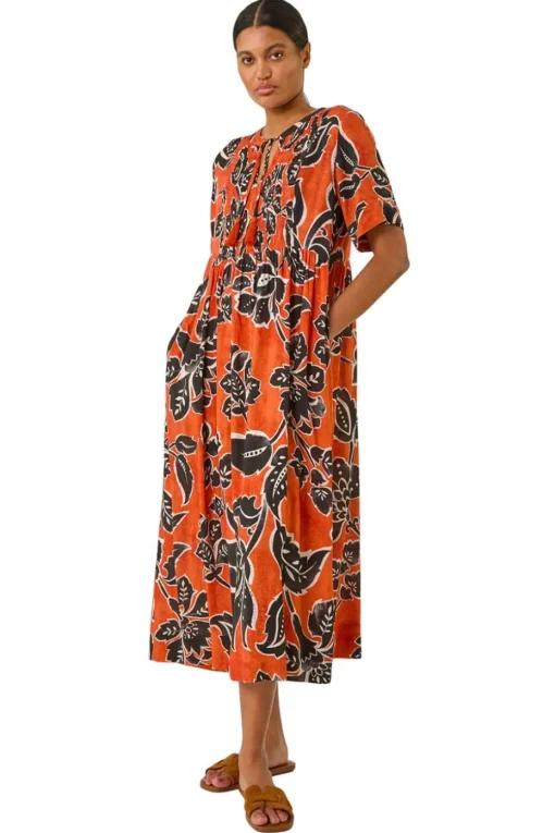 Roman Rust Leaf Print Tie Front Midi Dress