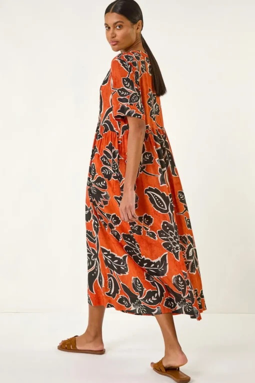 Roman Rust Leaf Print Tie Front Midi Dress