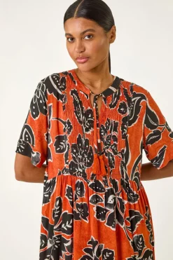 Roman Rust Leaf Print Tie Front Midi Dress